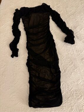Sheer Black Ruched Long-Sleeve Bodycon Dressed